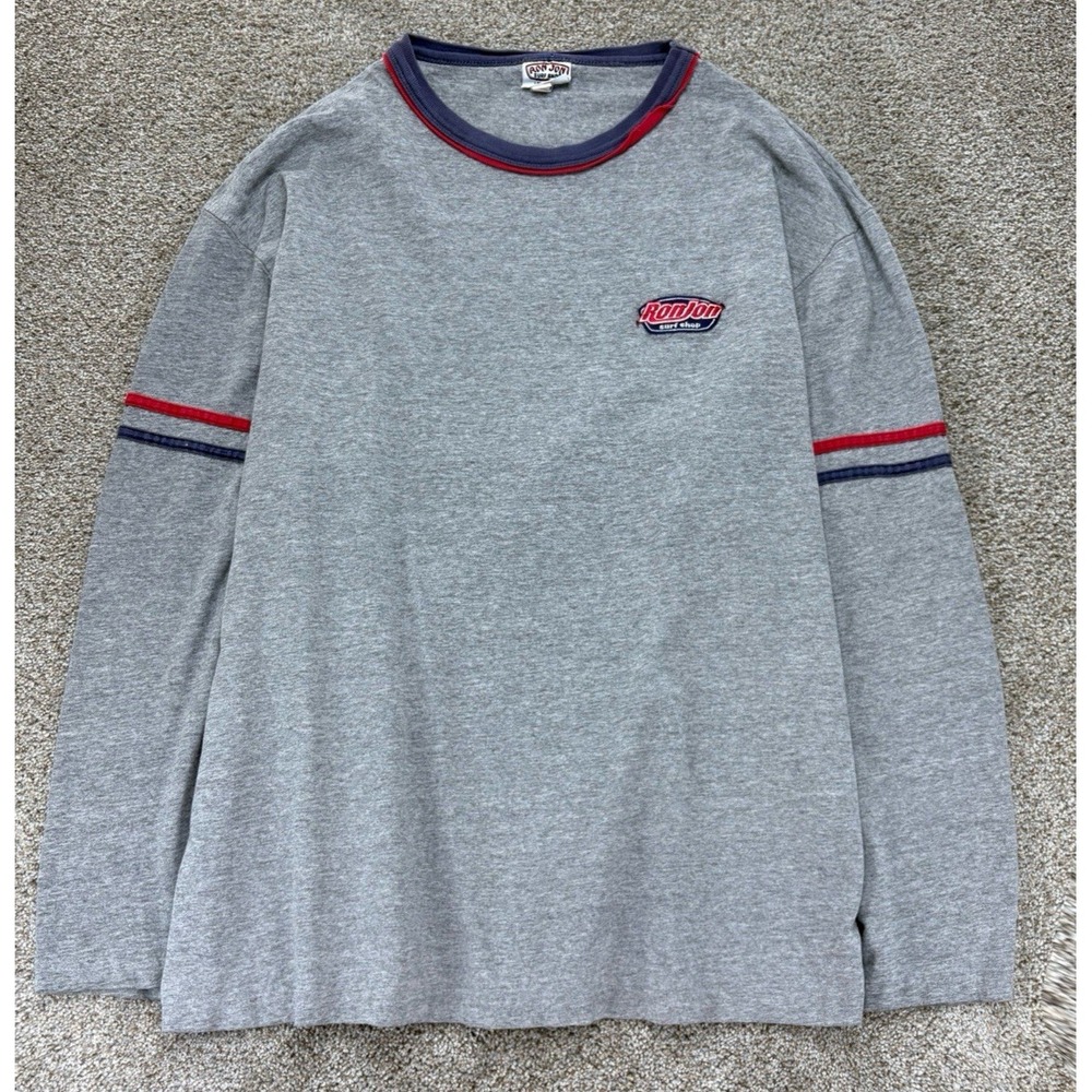 Vintage Ron Jon Surf Shop Long Sleeve Tee Mens XL Gray Embroidered Logo USA Made